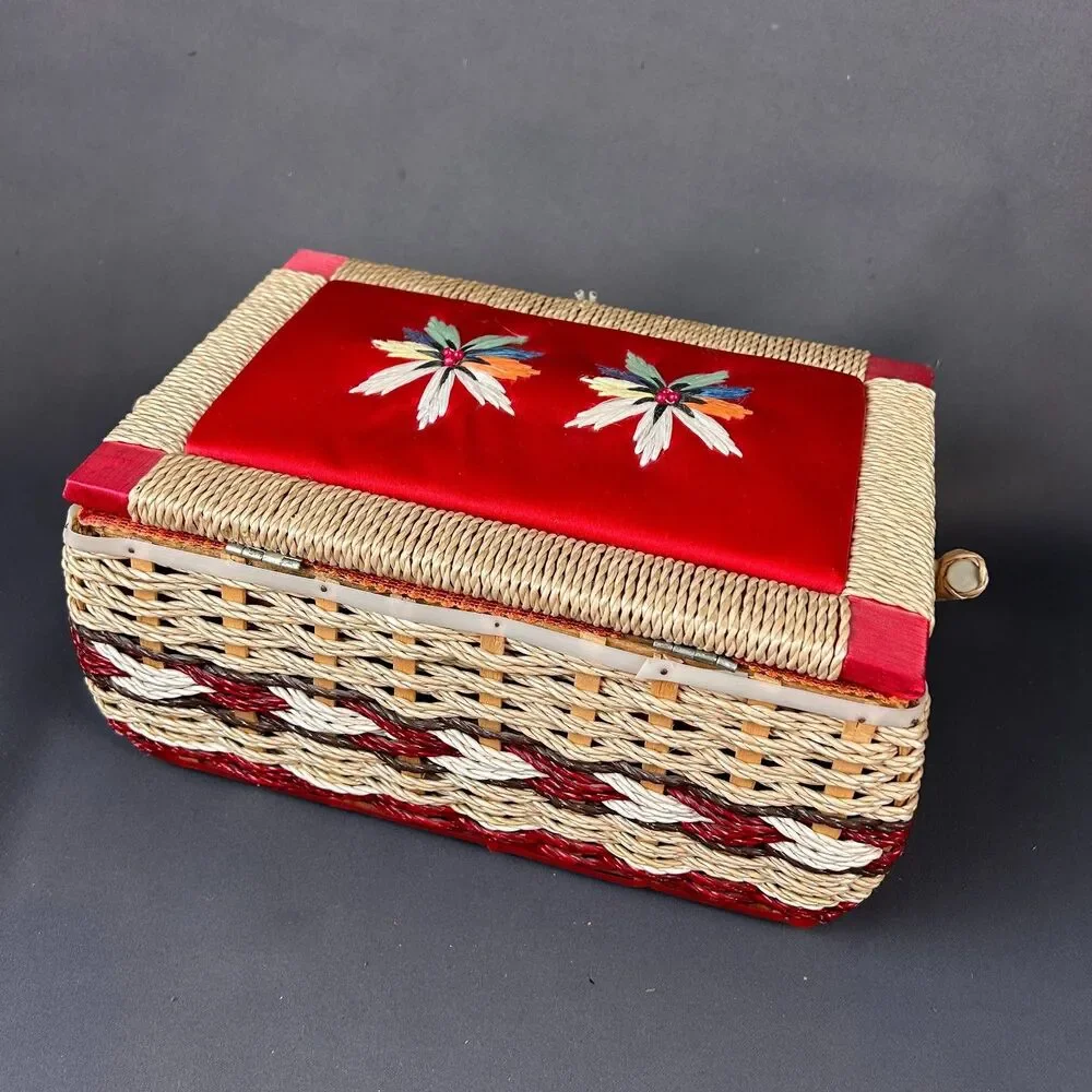 Charming Vintage Cream + Red Wicker Sewing Box 11